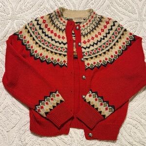 Red Vintage Fair Isle Button-Up Knit Cardigan Norway
